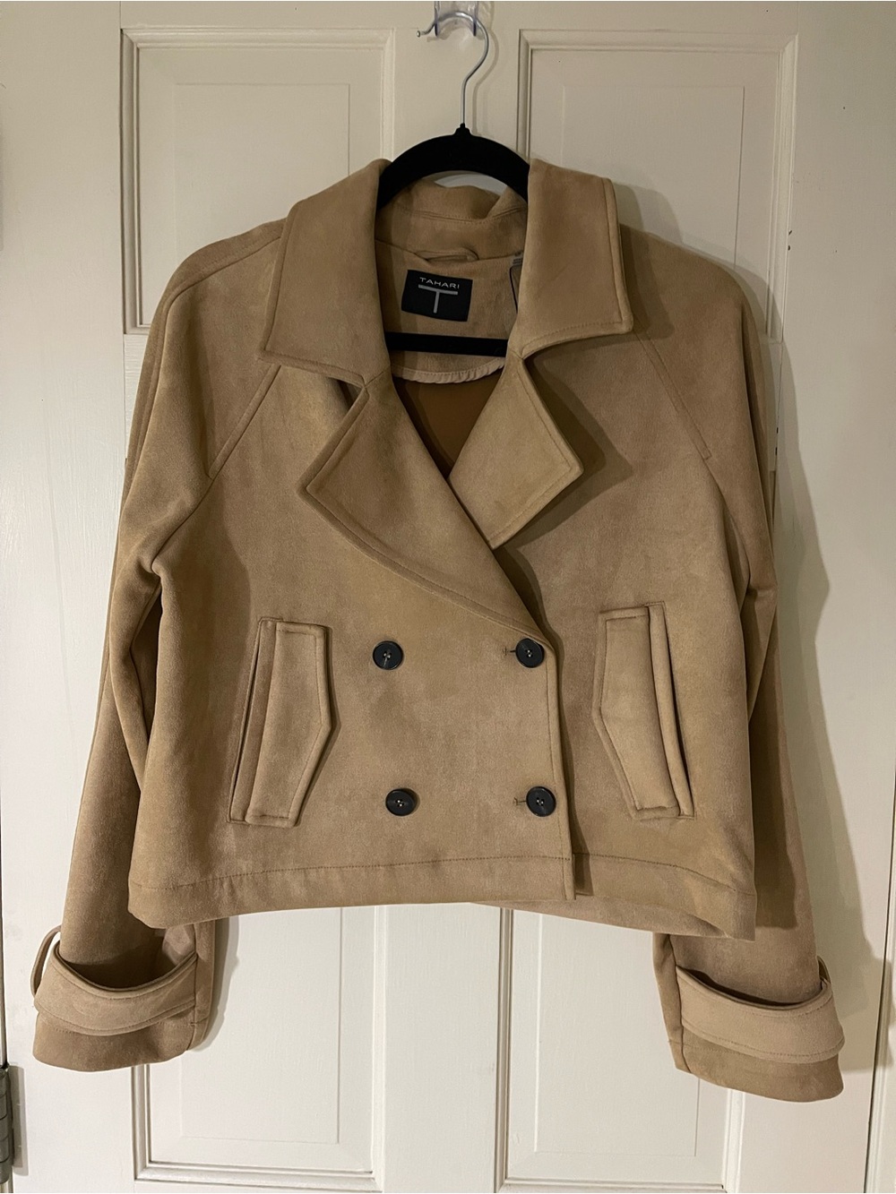 Tahari Tan Suede-Look Double-Breasted Peacoat